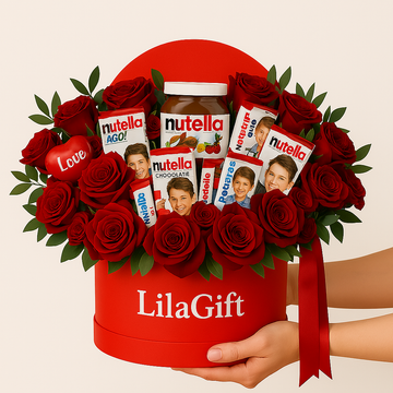Red Rose &amp; Chocolate Gift Box with Nutella, Kinder, Twix &amp; M&amp;S – LilaGift Edition