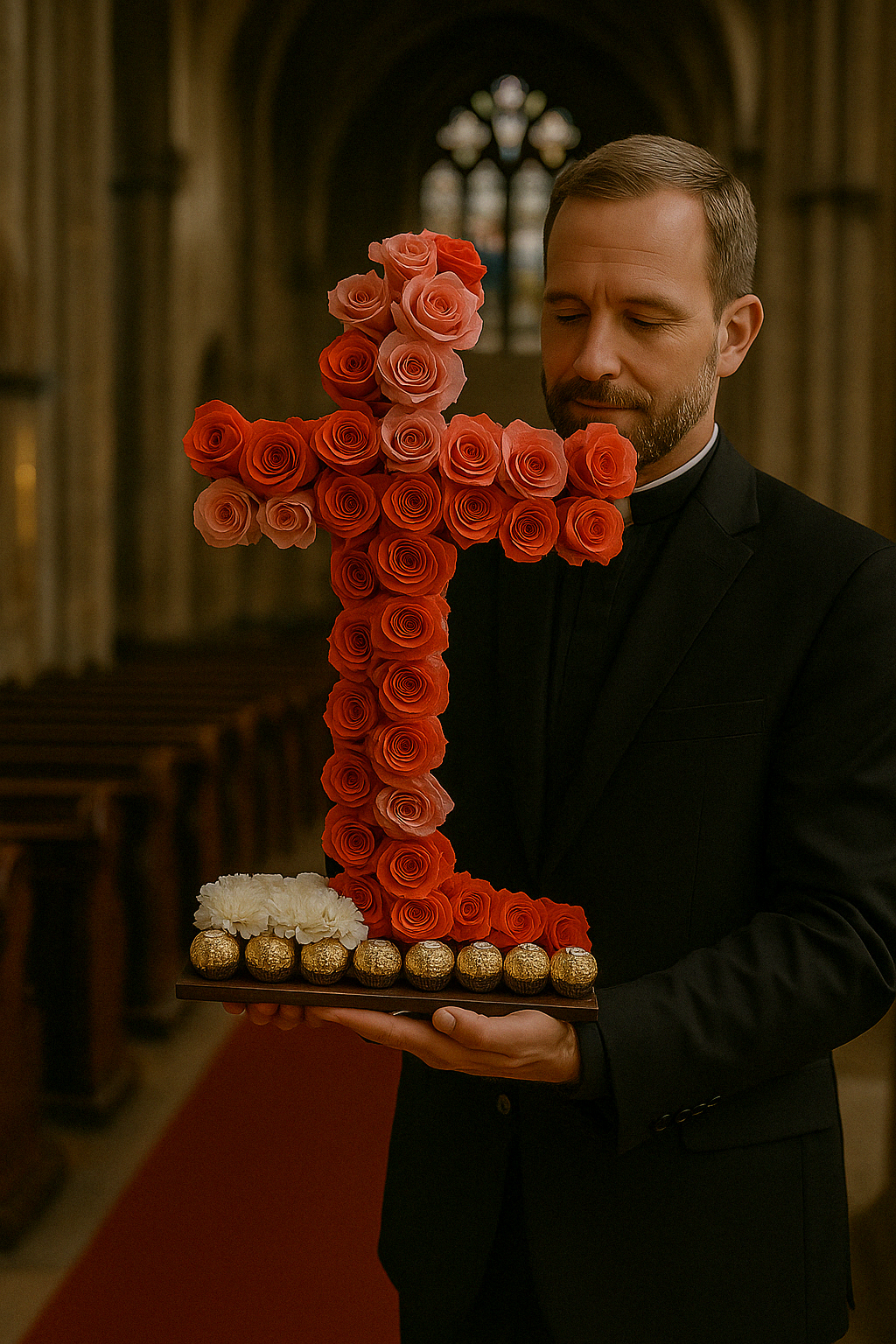 Elegant Floral Cross Arrangement with Roses & Chocolates