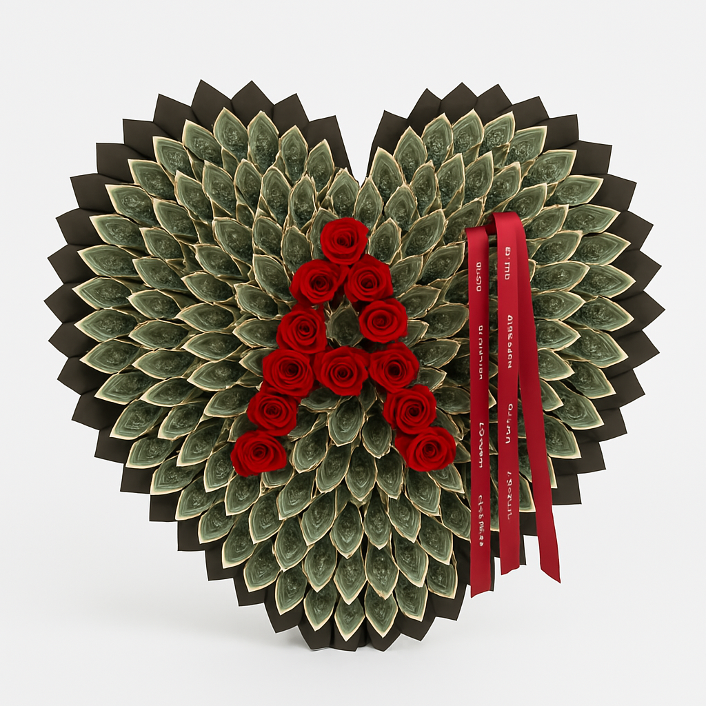 Heart-Shaped Money Fan with Rose Initial "A" Design