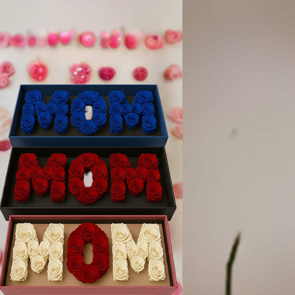 “MOM” Flower Letter Box – Rose Arrangement in Elegant Gift Box