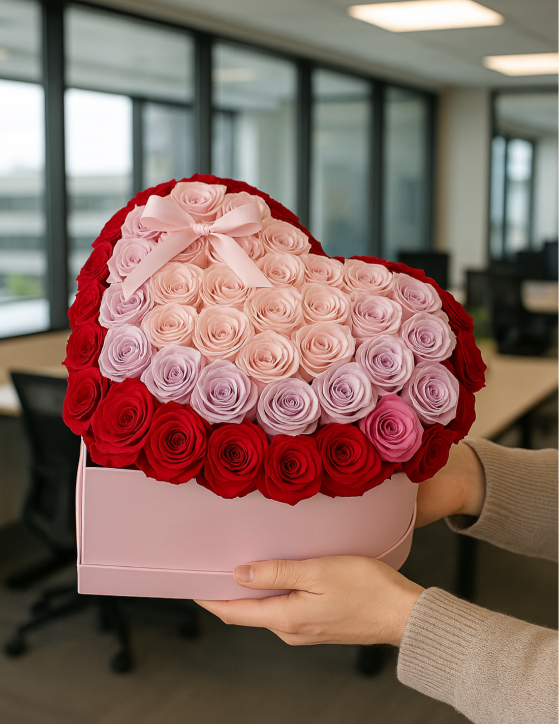 Heart-Shaped Luxury Rose Box – Red, Pink, and Lavender Roses with Elegant Bow
