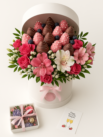 🍓 Blossom & Berries Delight – Floral & Chocolate-Covered Strawberry Box