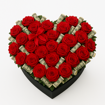 Luxury Heart Box with Red Roses and Money Rolls