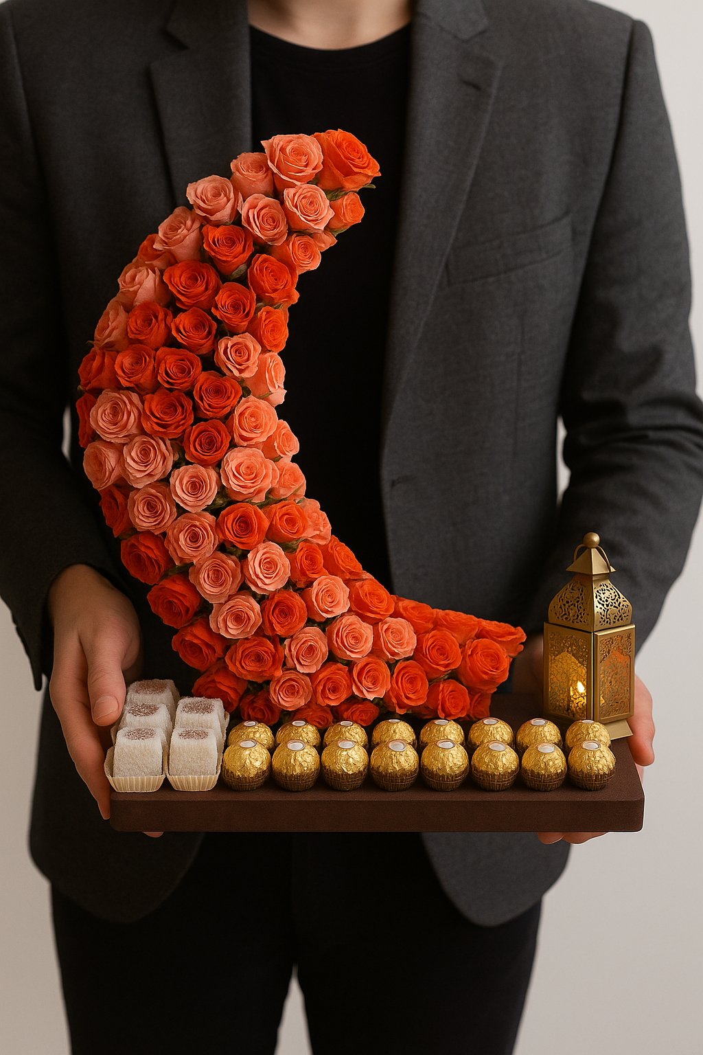 Crescent Moon Floral Arrangement with Chocolates and Lantern – Elegant Gift Display
