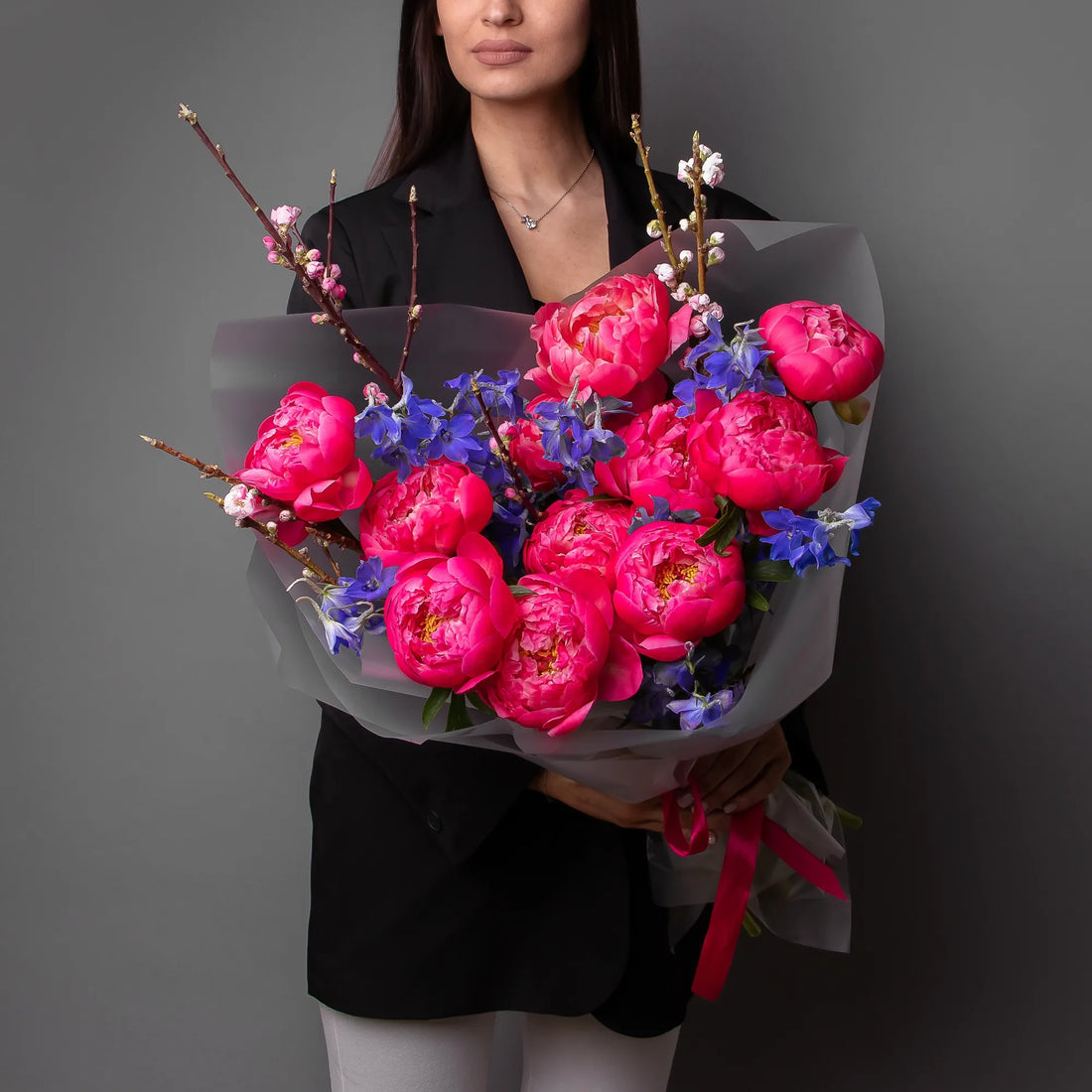 🌸 Blossom Symphony – Peony & Blue Delphinium Bouquet