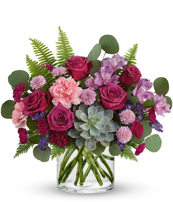 💐 Lila Garden – Rose & Succulent Arrangement in Glass Vase