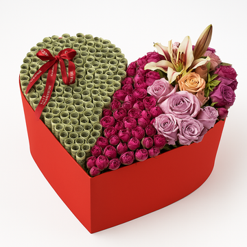 Heart-Shaped Luxury Box with Roses, Lilies &amp; Rolled Money