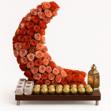Crescent Moon Floral Arrangement with Chocolates and Lantern – Elegant Gift Display