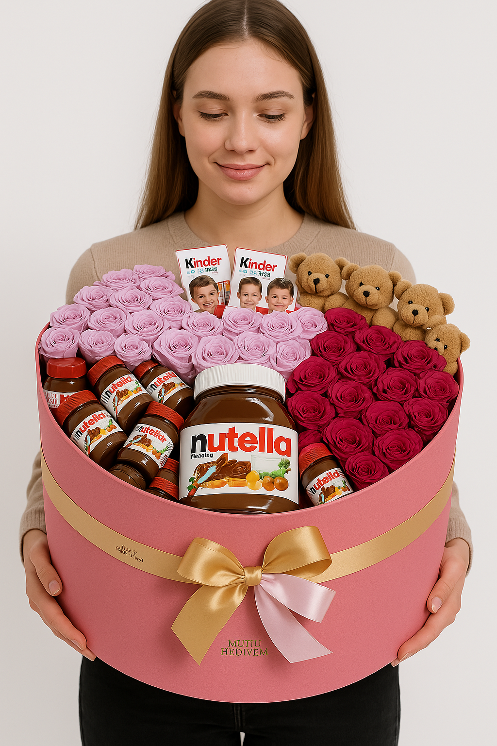 Sweet Pink Gift Box with Nutella, Kinder, Roses & Teddy Bears