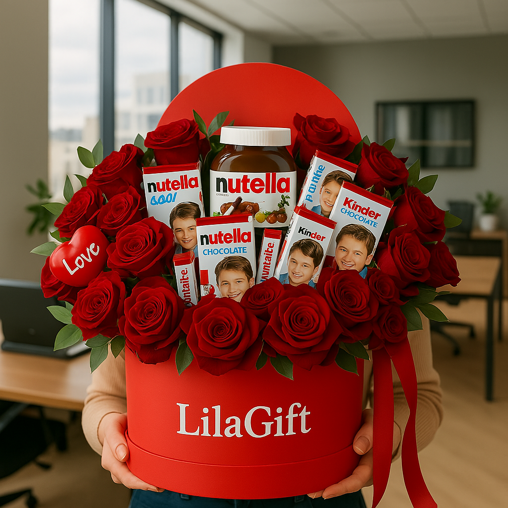 Red Rose &amp; Chocolate Gift Box with Nutella, Kinder, Twix &amp; M&amp;S – LilaGift Edition