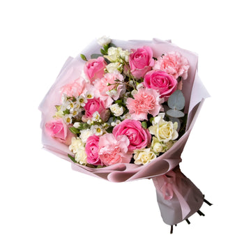 🌸 Blush Harmony Bouquet – Soft Pink Roses & White Blooms Wrapped with Love